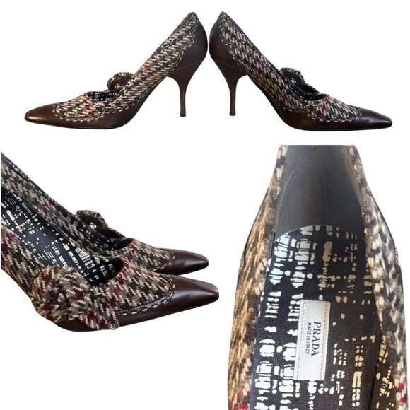 Y2K VINTAGE PRADA HEELS HOUNDSTOOTH TWEED ACADEMIA PUMPS US 9-9.5/EURO 40 EUC - Picture 6 of 8